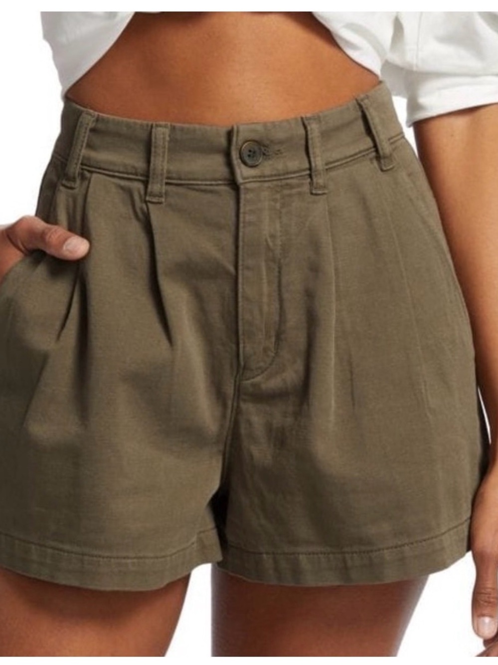 Womens Free People Billie Olive Green Pleated Cotton Shorts